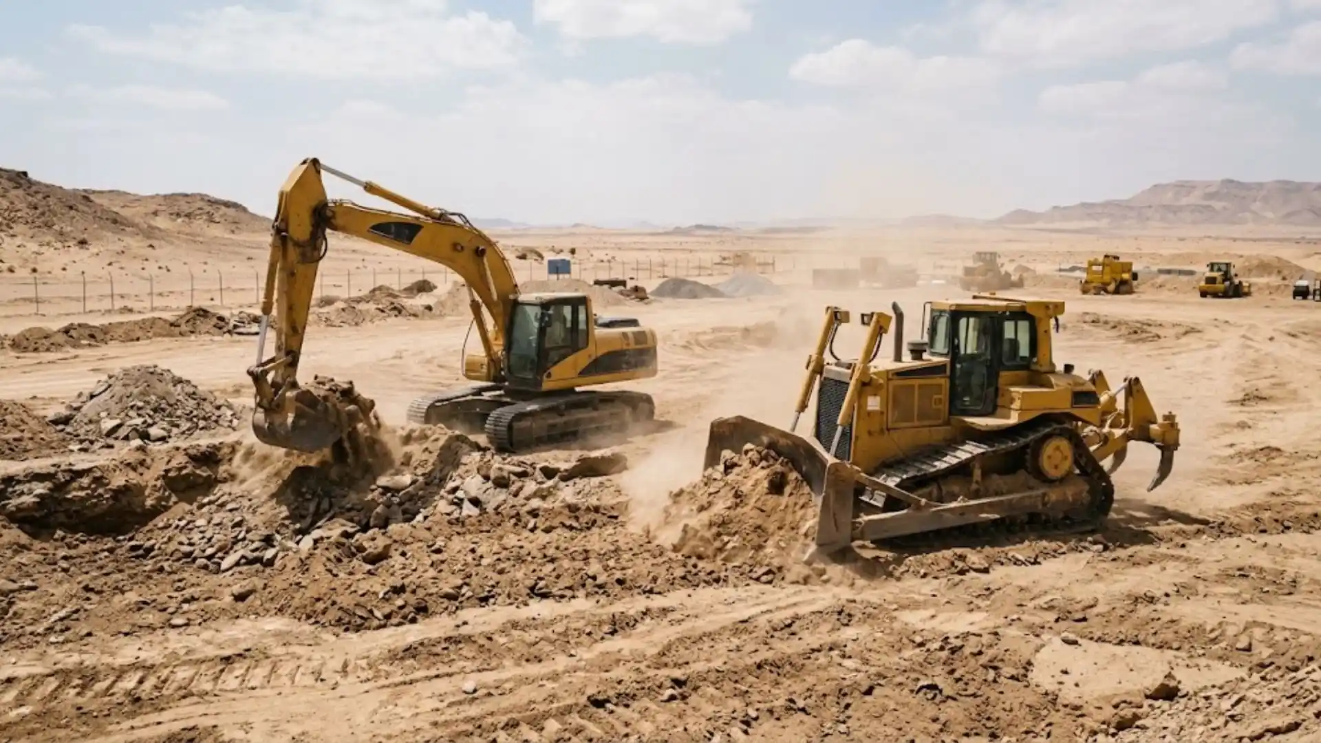 Excavator and bulldozer working on an earthmoving site in Saudi Arabia