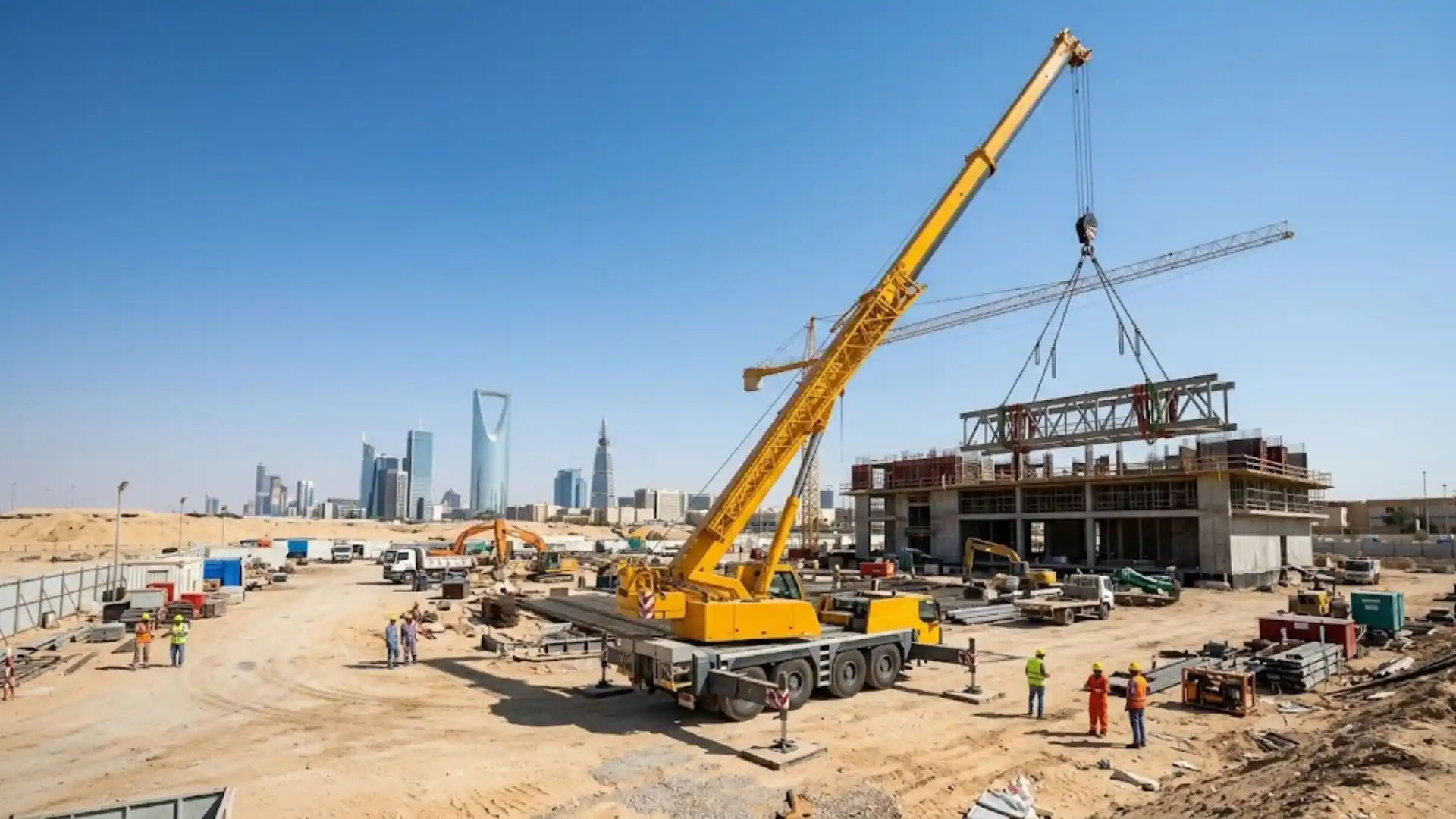 Mobile crane with extended boom lifting on a Saudi Arabia construction site