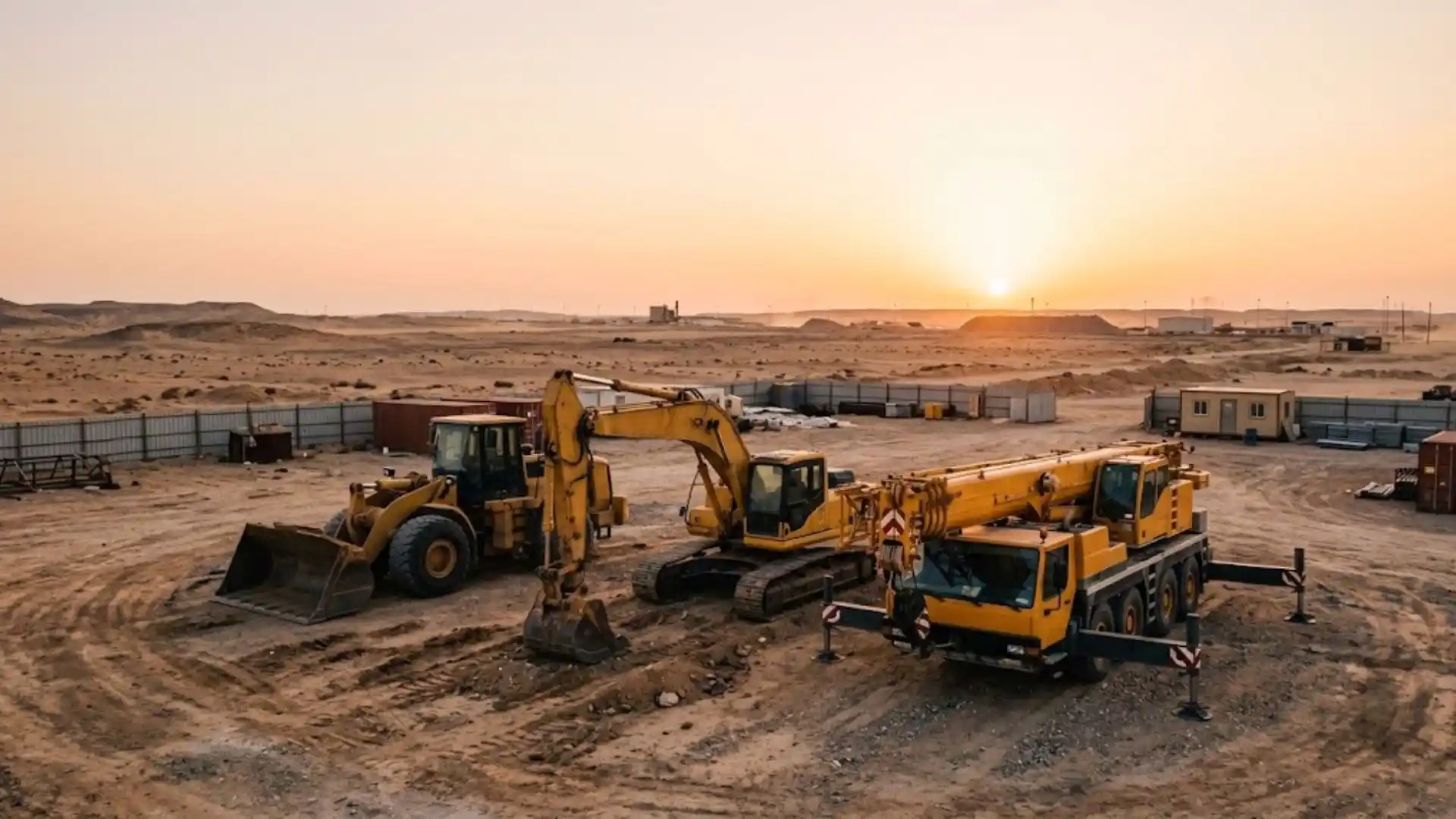 Heavy equipment yard with a crane, excavator and wheel loader in Saudi Arabia