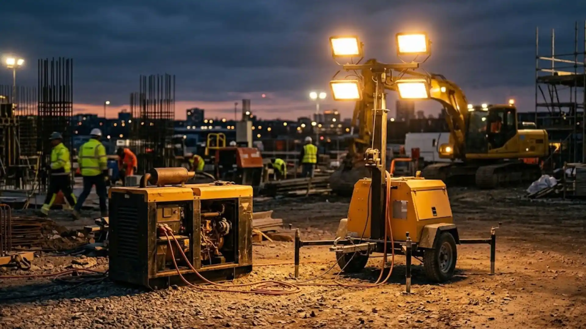 Diesel generator and mobile lighting tower on an active construction site at dusk