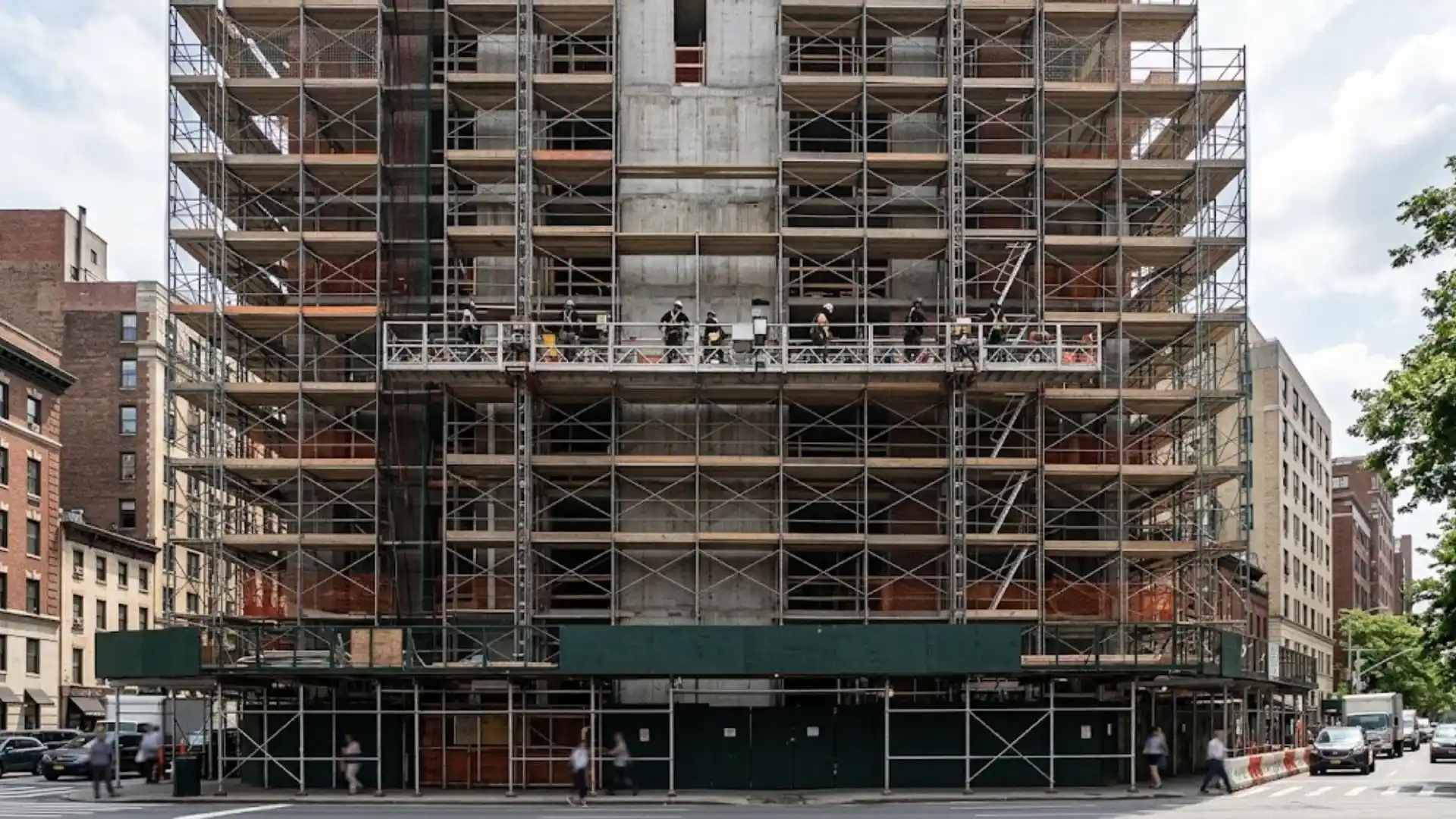 Scaffolding covering the facade of a multi-story building under construction