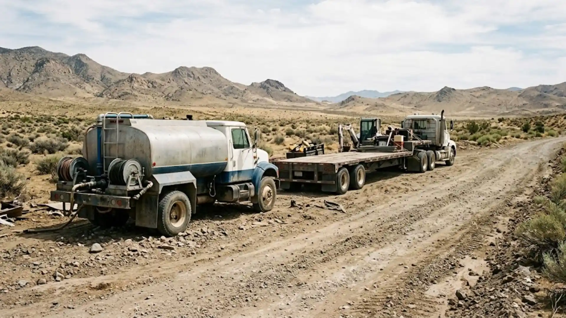 Water tanker truck and flatbed trailer parked on a construction site road