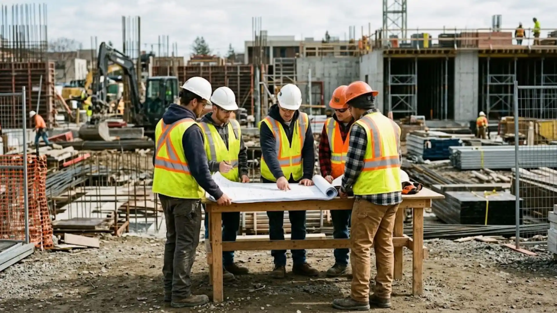 Construction workforce team in hard hats reviewing site plans