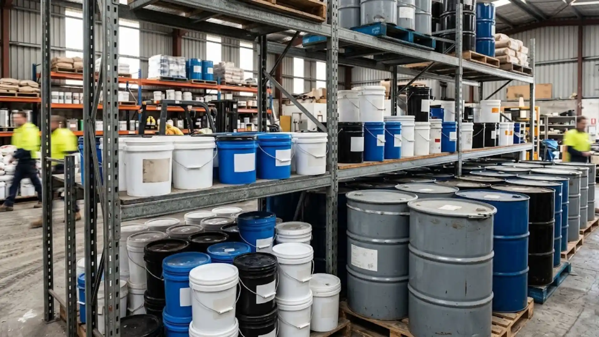 Construction chemical drums and buckets arranged on warehouse shelving