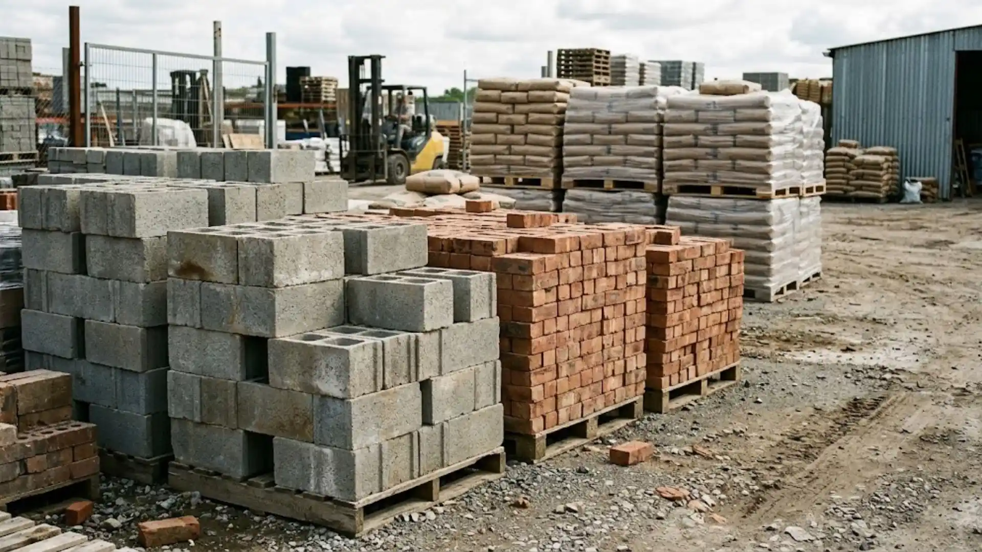 Stacked concrete blocks and bricks in a building materials yard