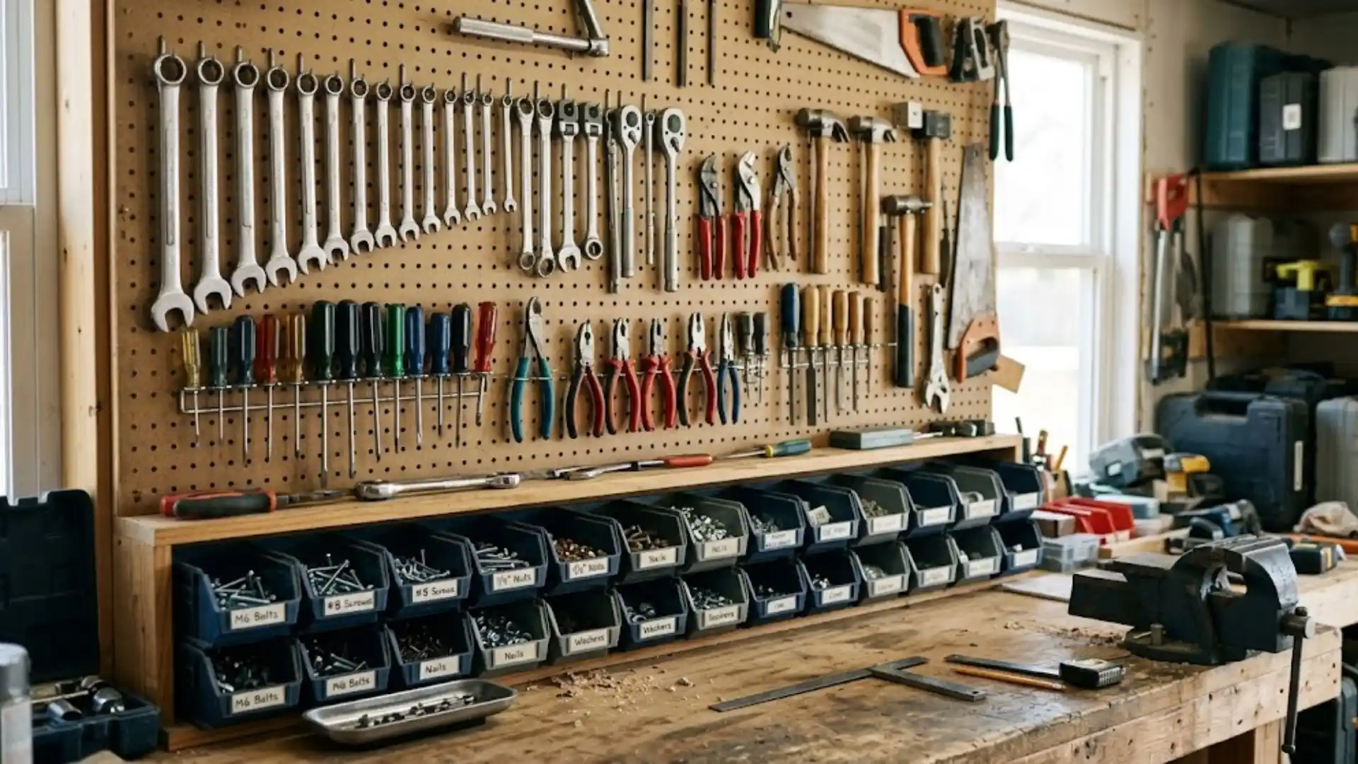 Hand tools and fasteners organized on a workbench