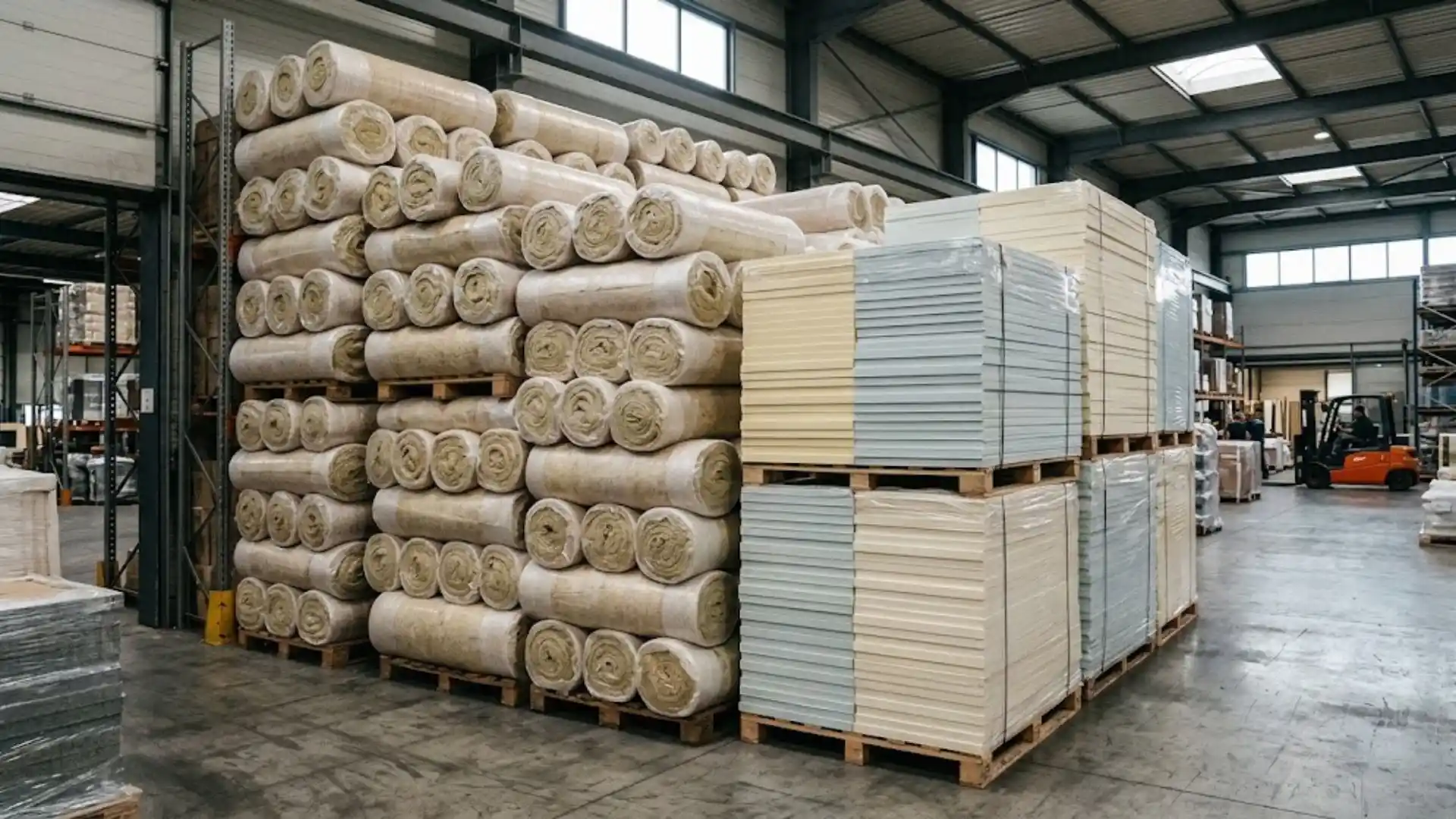 Rolls of insulation material and rigid foam board panels stacked in a warehouse