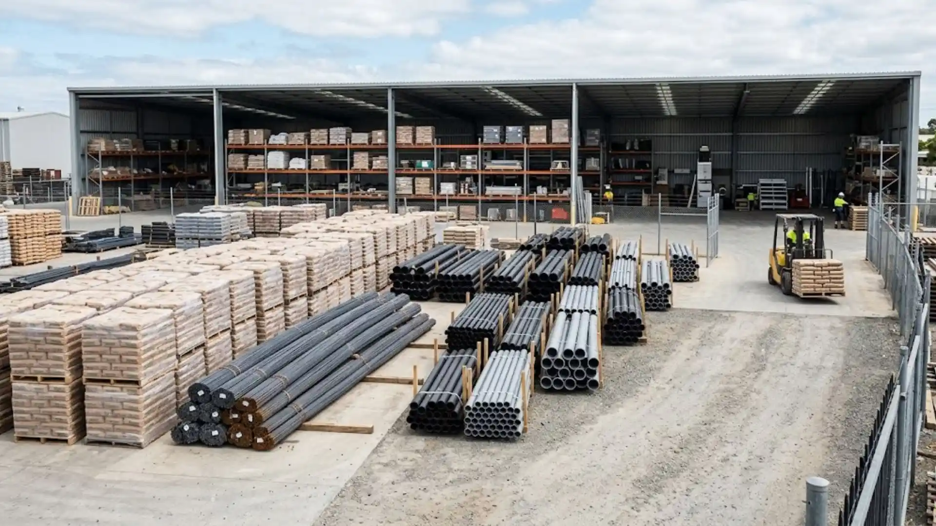 Construction materials warehouse with cement bags, rebar and pipe bundles