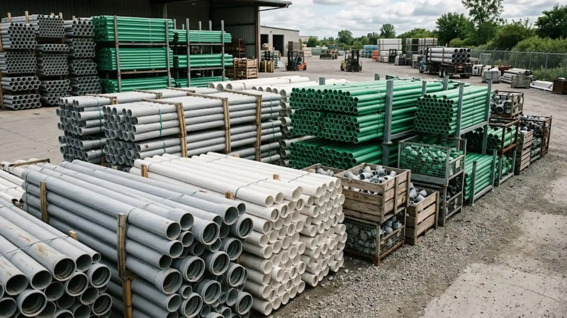 PVC and PPR pipes with fittings stacked in a supply yard
