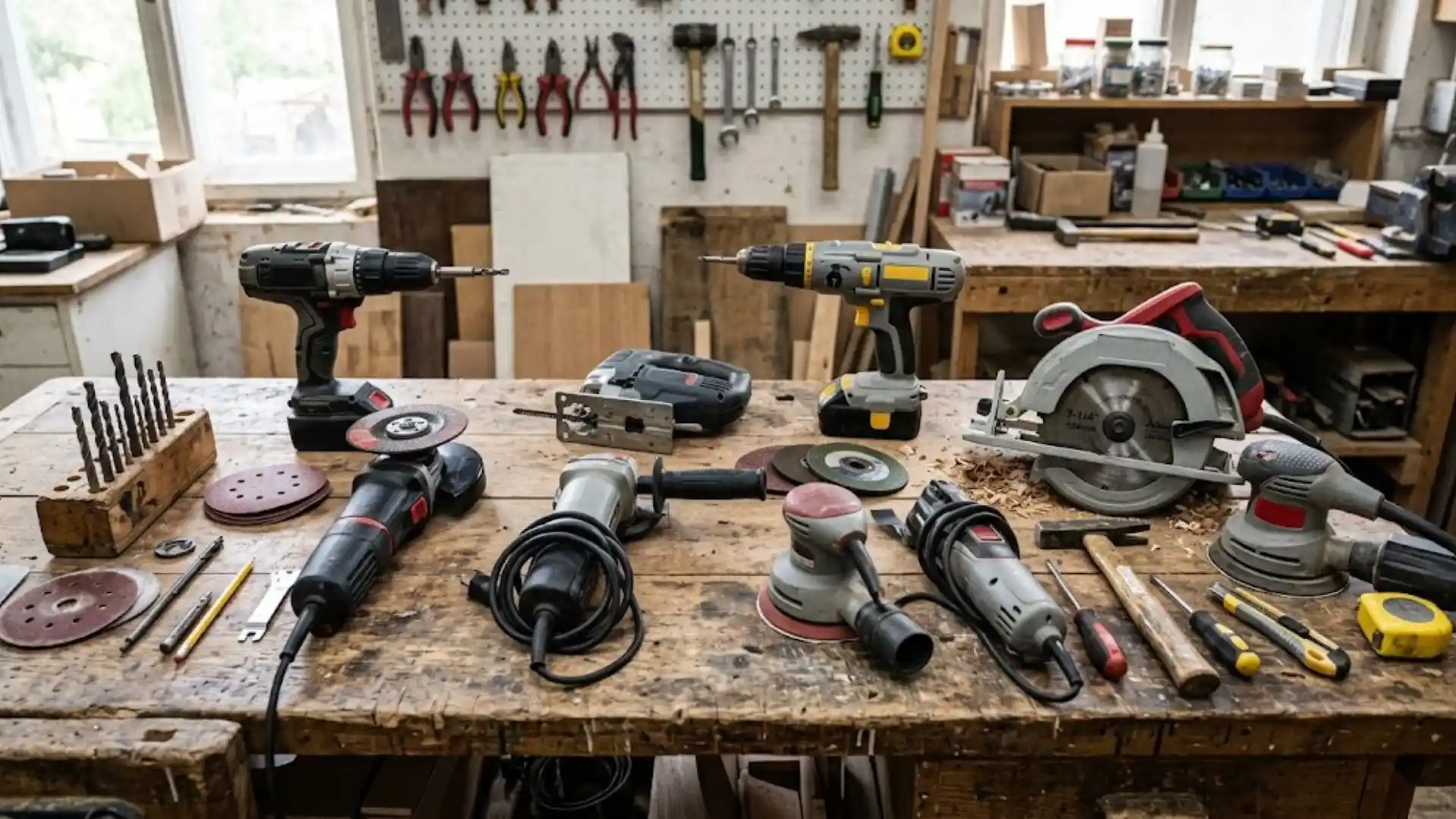 Power tools including drills and angle grinders laid out on a workbench
