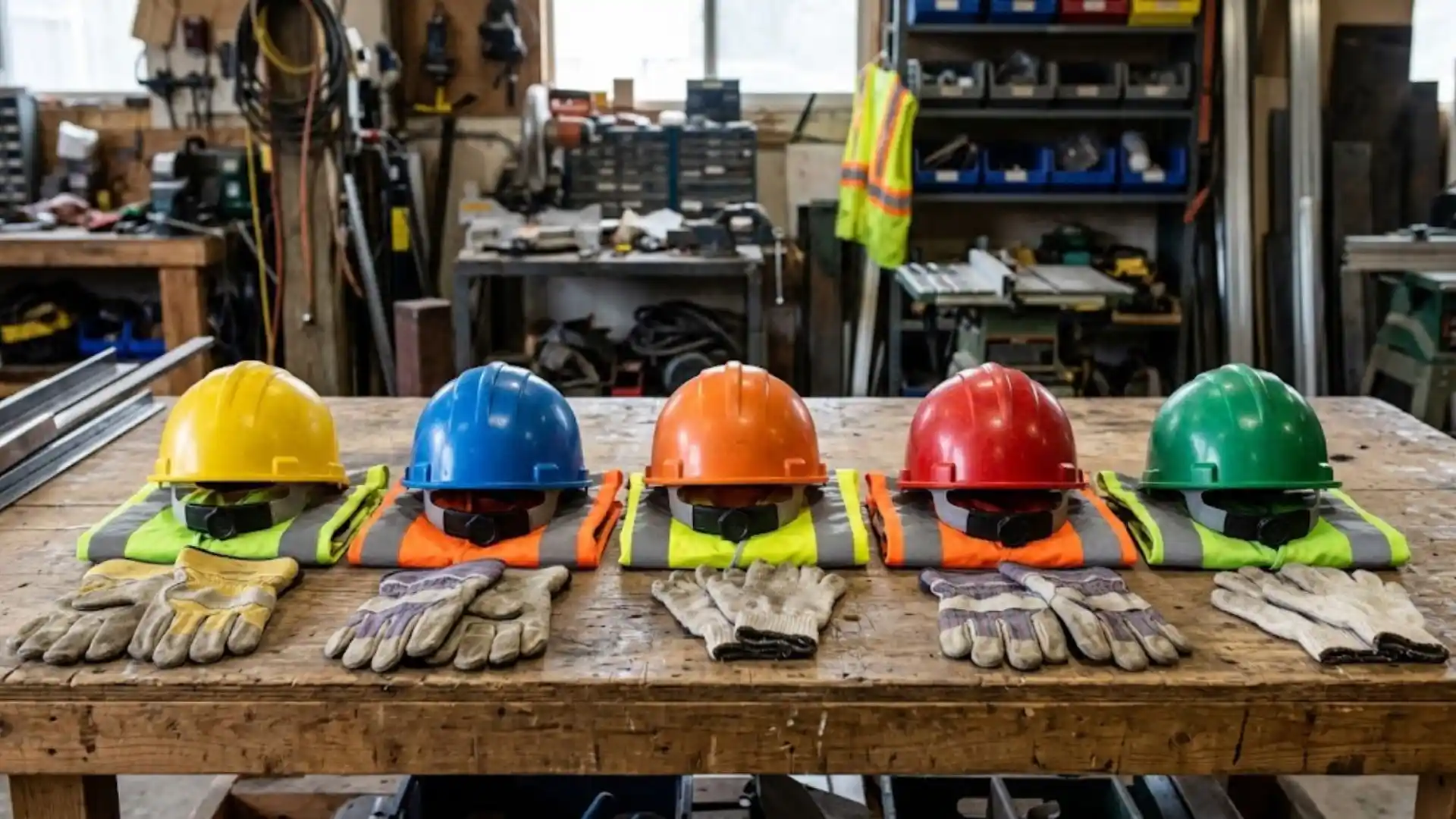 Safety helmets, high-visibility vests and work gloves laid out for supply